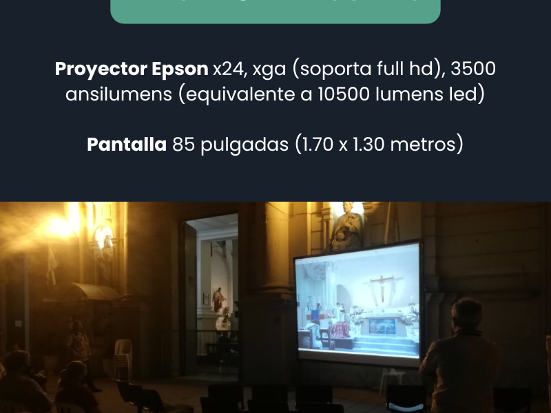 Proyector epson x24 3500 Ansilumens (equivalente 10500 lumens led) con pantalla de 85 o 100 pulgadas a elección.